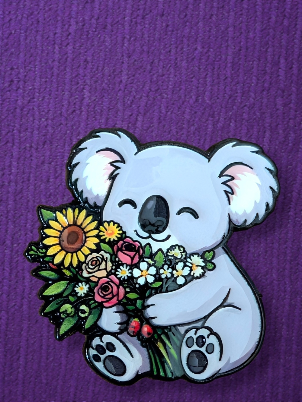 Cute Gray Koala with Floral Bouquet Enamel Pin
